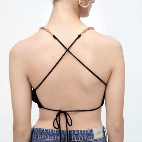 Zara Women's Black Gold Chain Halter Neck Cropped Top Size Large NWT - Picture 2 of 8
